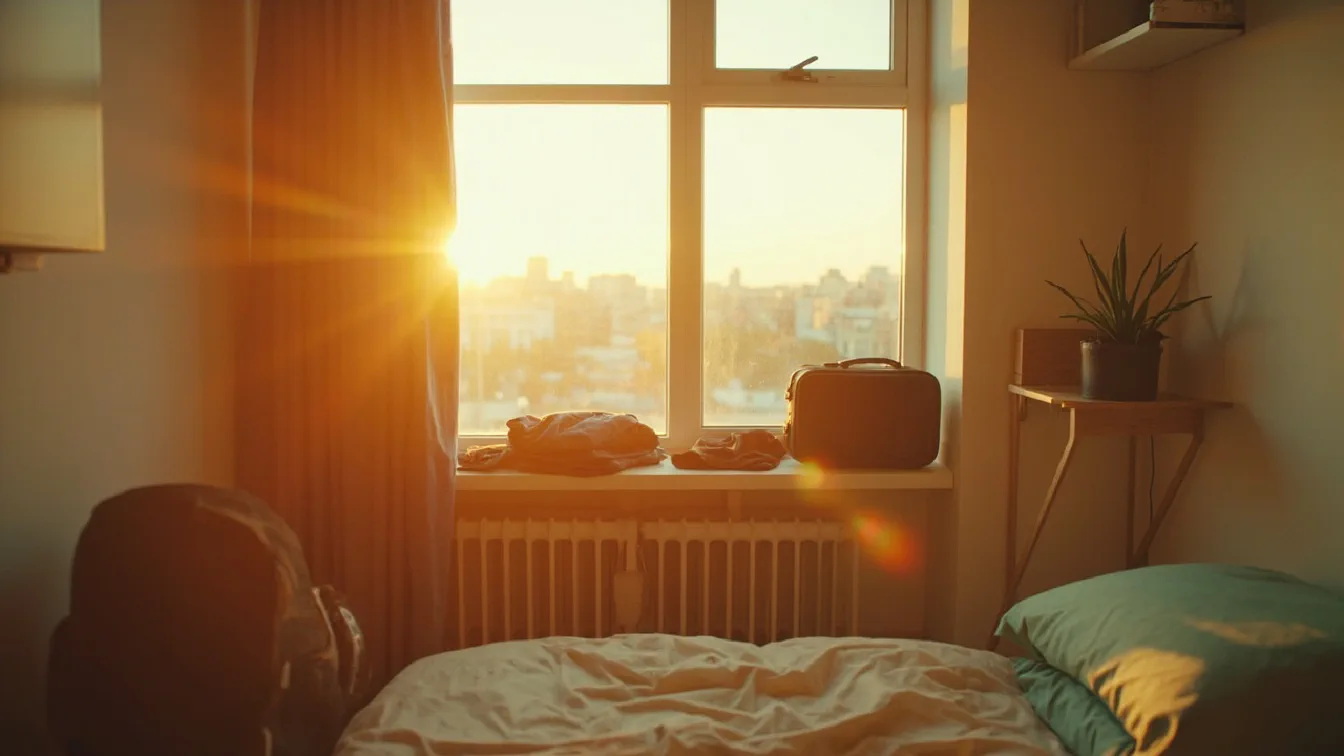A small apartment bedroom with a wall-mounted MRCOOL mini split head unit above the bed, soft white finish, a single 3-inch hole in the wall where the lineset exits, a closed window with a Midea U-Shape AC visible in the adjacent room, and a steel Ivation bracket supporting it from below — no exposed wiring, no floor unit, no permanent damage.