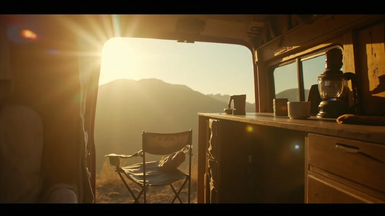 A compact dual-fuel camping stove on a Sprinter van pull-out table, a butane canister, a cast iron pan, a ferro rod lighter, and a folding kitchen station at a forest campsite at dusk