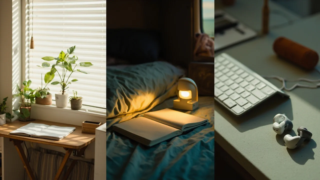 Three compact lifestyle scenes — small apartment, camper van, hotel room — illustrating foldable multi-use travel gear.