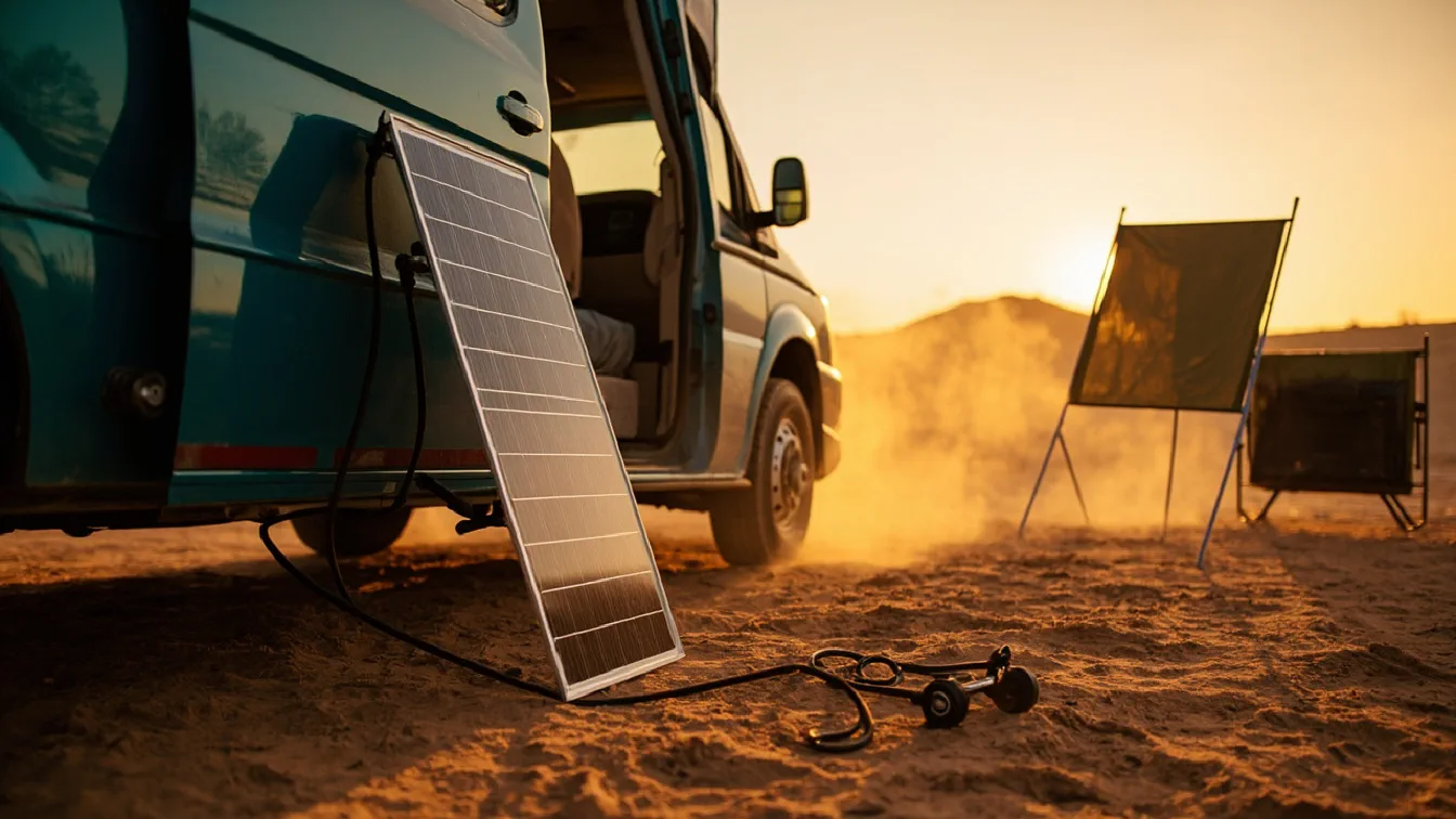 A 100W portable solar panel unfolded on the dirt at a campsite leaning against a van side door at golden hour, a long MC4 cable snaking inside, a second folding panel on its kickstand catching the warm light.
