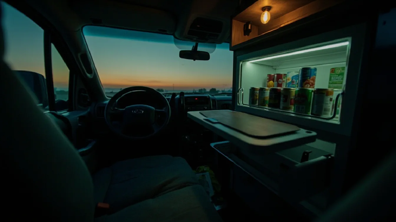 A 23-quart 12V compressor fridge slid into a slide-out tray between van seats at dusk, door cracked open showing neatly stacked cans and a vegetable drawer, a fold-flat cutting board on the lid, a low-watt LED strip casting teal light on the door.