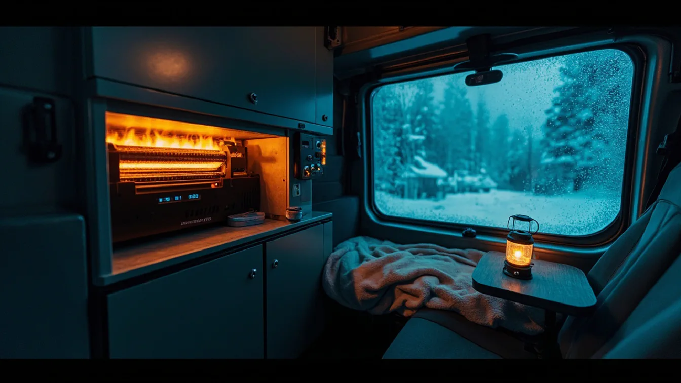 A 12V 8KW diesel air heater mounted low on a van cabinet wall on a freezing winter night, exhaust pipe through a floor vent, glowing orange combustion indicator, a digital thermostat panel, a thin blanket on a low single bed platform, breath-frosted window.