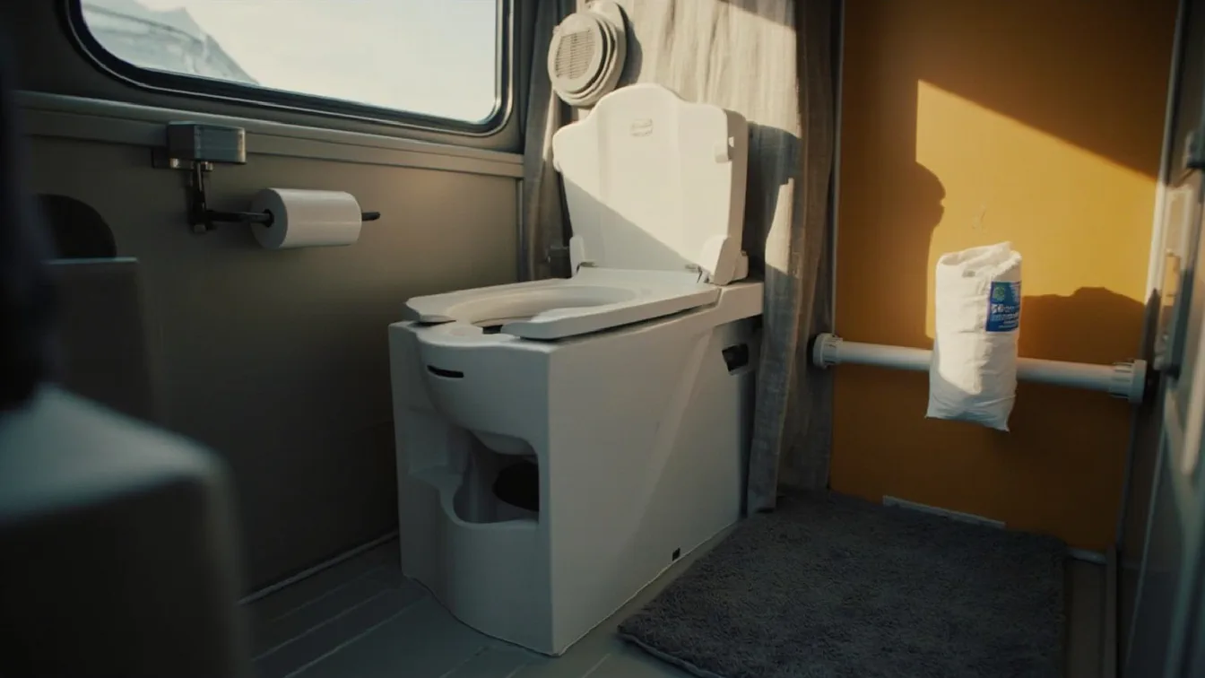 A 5-gallon portable RV toilet with a high-profile bowl and side flush handle on a sealed vinyl floor in a small van wet bath, a roll of bags on a magnetic wall holder, a 12V exhaust fan in the ceiling, a folded microfiber bath mat, soft midday window light.