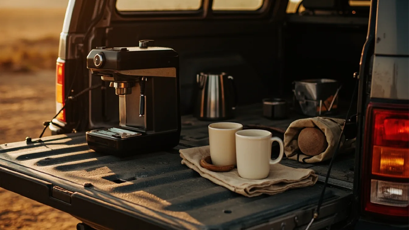 A portable electric espresso machine on a pull-out van tailgate table at dawn, a flat-bottom pour-over stand, a small camp kettle on a single burner, two ceramic mugs upside-down on a linen towel, a stainless knock box, an open bag of beans under a wooden scoop, dew on the metal.