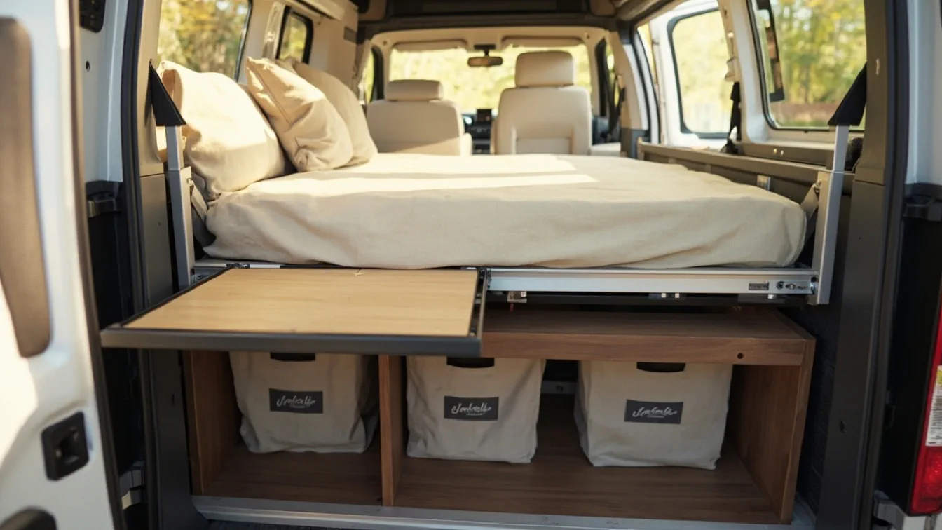 A 16-inch metal platform bed frame in folded day-mode position in a van interior at midday, a modular 3-cube bench seat with one lid open showing storage, a fold-out table leaf hooked to the side rail, a removable cream linen cushion on the frame, low shelf with canvas bins.