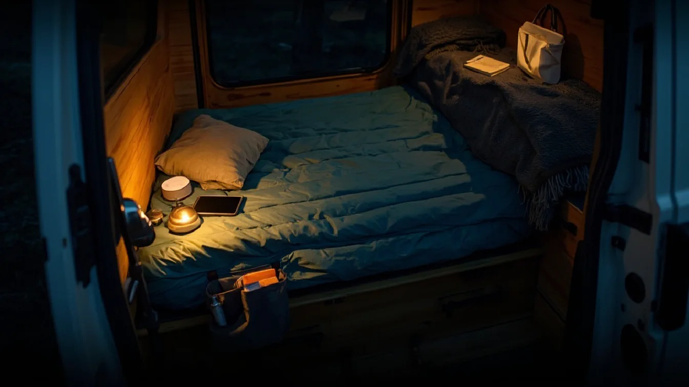An air mattress fully inflated in a low van platform bed at nightfall, a down sleeping bag unzipped halfway, a small camp pillow, a side pocket organizer holding a phone and a book, a battery-powered puck light glowing amber on the floor, a dark wool blanket on a side bench.