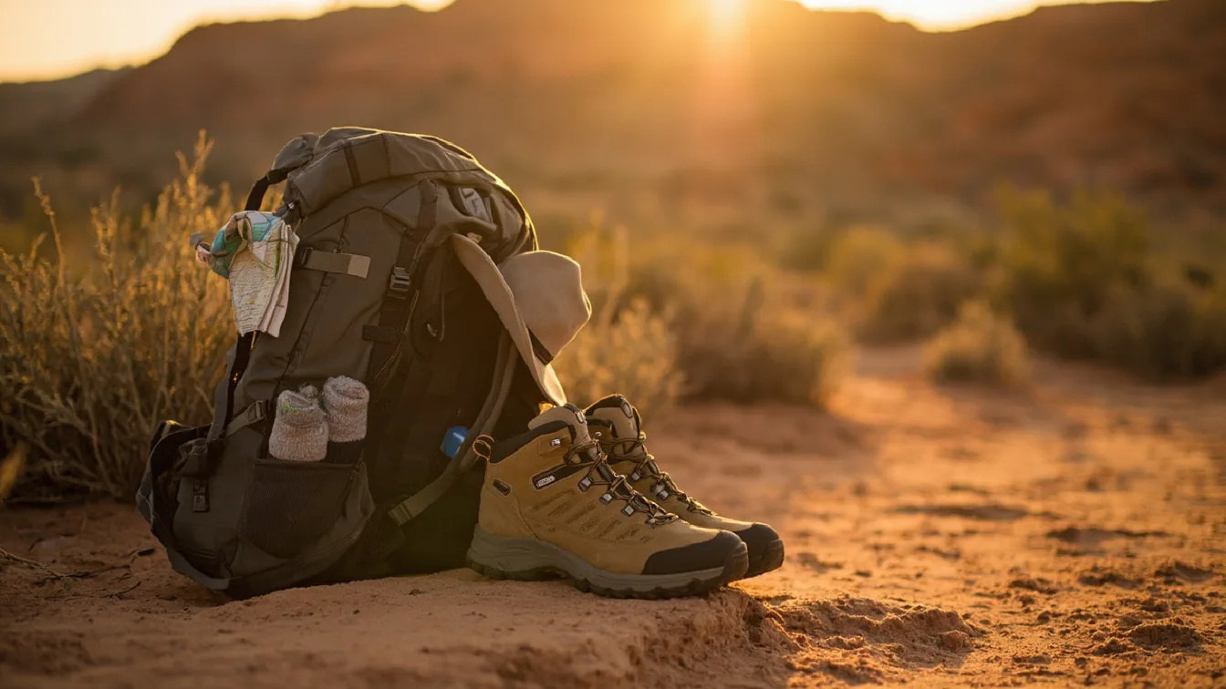 A vanlife campsite scene at golden hour with three hiking shoes lined up on a tailgate — a Merrell Moab 3 in walnut withstood a dusty trail, a Timberland Mt. Maddsen Mid in dark brown planted on a rock, and a KEEN Targhee 3 Low in bungee cord crossed on a camp mat — all three waterproof, all caked with trail dust but unbroken.
