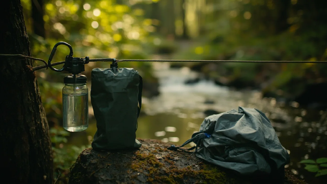 A 32-ounce squeeze water filter clipped to a low rope line strung between two pines at a forest campsite stream, a clean bottle hanging on a carabiner, a backup gravity filter bag in a stuff sack on a flat rock, a collapsible water jug beside it, ferns and moss in soft background light.