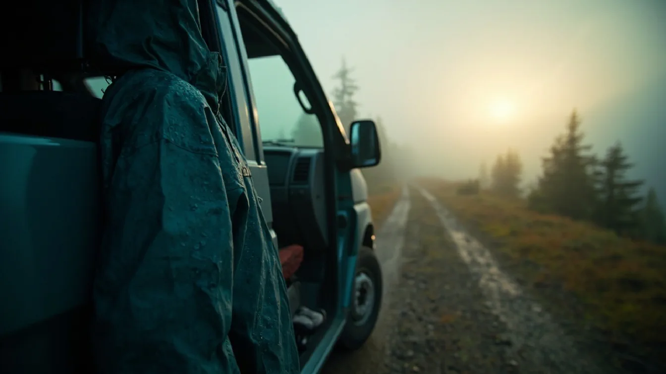 A vanlife campsite scene in steady rain with three rain jackets hung on a tailgate — a Helly Hansen Seven J in dark forest green held up against a creek-mist breeze, a Columbia Watertight II in red folded into its own pocket on a camp chair, and a Carhartt Monterey in dark brown stretched over a rain-soaked base layer — all three dry on the inside despite hours of drizzle.