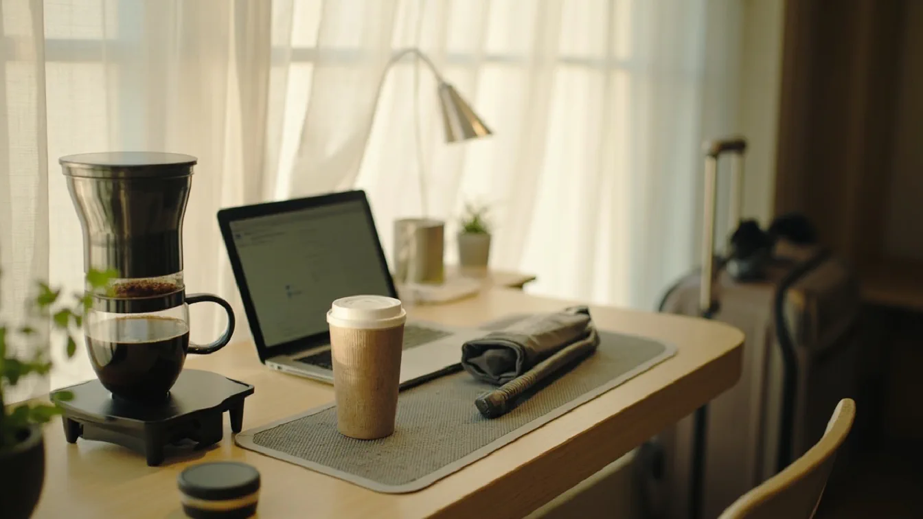 A compact hotel room workspace in late afternoon, with a slim single-serve coffee brewer on a folding mat beside a pour-over travel mug and an IPX7 Bluetooth speaker, a closed laptop and a carry-on suitcase by the door — the generic hotel desk turned into a one-person office.