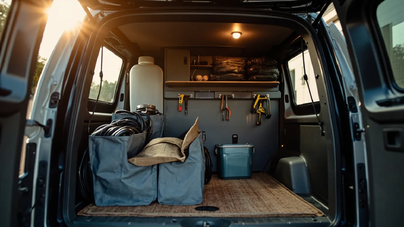 A 95-liter foldable trunk organizer in slate gray on a rubber van cargo mat at midday, side compartments open showing coiled 12V cables, an LED lantern, a folded tarp, a magnetic strip on the wall holding metal tools, a collapsible bin with a water jug.