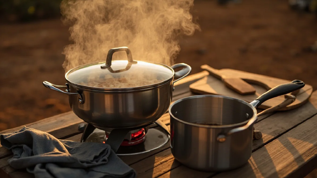 A 19-piece detachable-handle cookware set on a campsite picnic table at dusk, the largest pan with a glass lid showing simmering sauce, a smaller pot with pasta water, the magnetic handle on a folded linen napkin, a wooden spatula, a small cutting board, a propane canister under the burner.