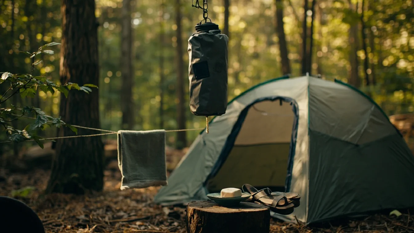 A portable solar shower bag hanging from a low branch above a pop-up privacy tent in slate gray at a forest campsite at midday, a small drip tray beneath it, a fold-flat bath towel on a rope line, biodegradable soap in a tin dish on a flat stump, camp sandals beside the tent entrance.