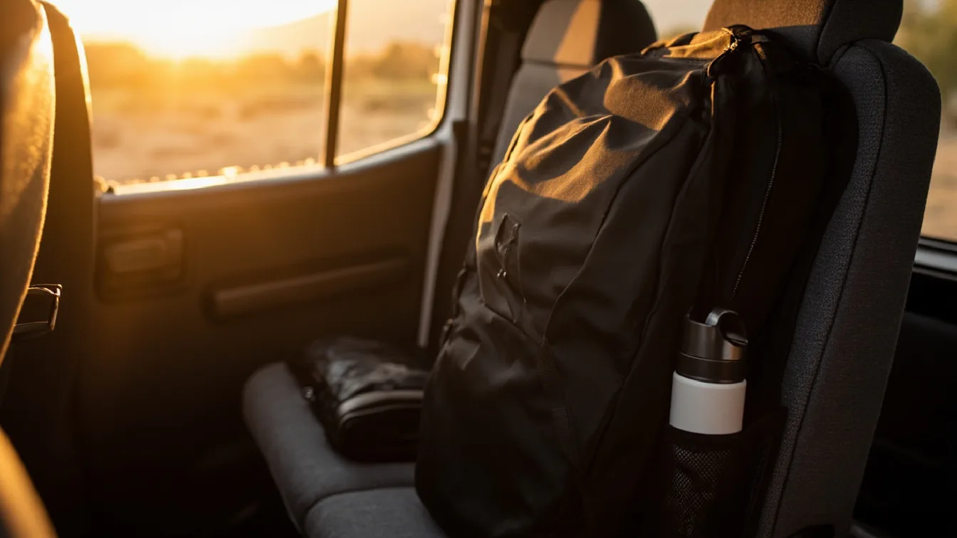 A travel van parked at a campsite with a 17-inch laptop backpack sitting on the passenger seat — a DUSLANG black backpack with its USB charging port visible on the shoulder strap, a Goloni all-black minimalist backpack leaning against the van door, and a DEYACE backpack tucked under the driver seat showing it fits the underseat dimensions — all three holding laptops, cables, and a change of clothes.