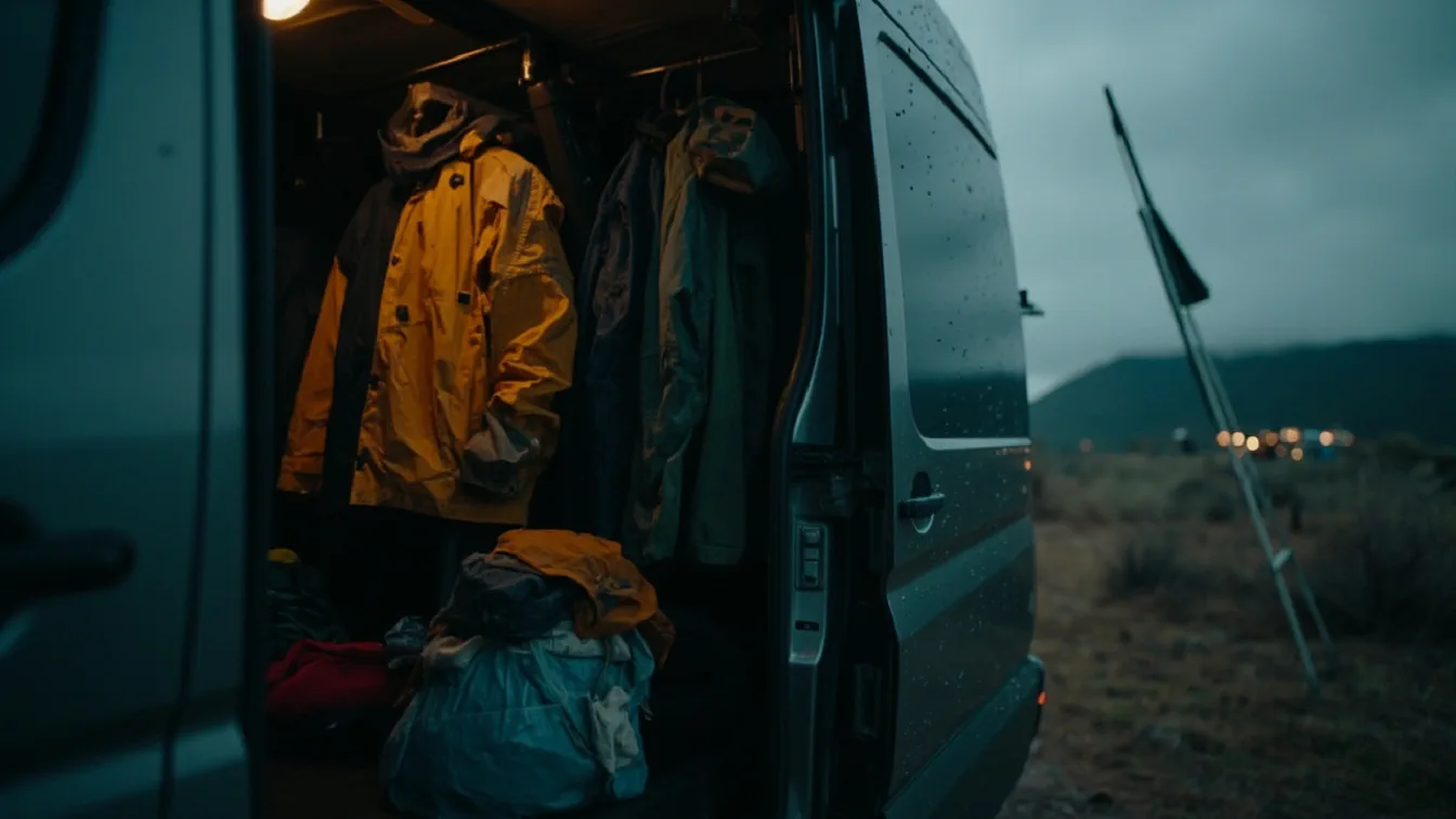 A vanlife campsite scene in steady rain with three trending rain jackets displayed on a tailgate — a BÆRSkin Heavy-Storm in forest green held up against a heavy downpour, a 686 Waterproof Hoody in matte black hung on a camp chair, and a GUARDWAY Long Rain Coat in yellow folded into a packable pouch on the van bumper — all three new on Amazon in 2026, all in their first rain season.