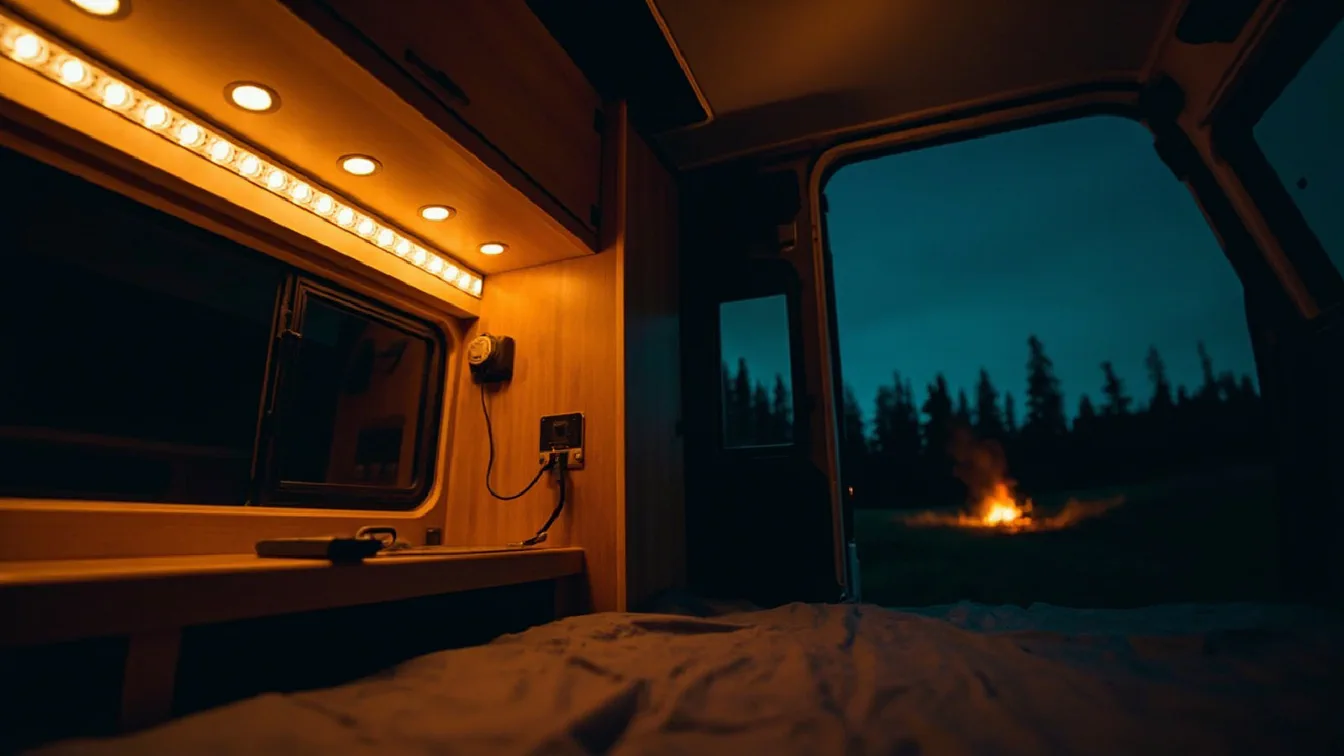 A camper van interior at dusk with three different LED light sources — a LILTSDRAE crystal-finish dome light casting warm-white glow over the kitchen counter, a CT CAPETRONIX stick-on light bar illuminating the cargo area with cool-white light, and an Aaleds flush-mount dome light over the bed area — all running off a 12V house battery system.