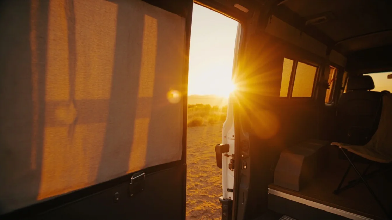 A camper van parked at a campsite with the main door propped open — a HAEZU magnetic mesh screen stretched across the doorway letting the breeze through while keeping bugs out, an AUGO full-height screen door attached to a trailer door frame with its magnetic closure sealed, and a GLL blackout shade covering the door window to block afternoon sun — a dog sitting comfortably behind the screen.