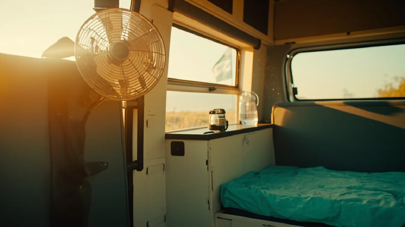 A 12V oscillating fan clipped to a van side rail on a hot summer afternoon with the head turned, a 12V cable to a cigarette-lighter socket, a smaller clip fan on the overhead bunk rail, a battery-powered misting bottle on the side counter, a half-empty reusable water bottle, dust motes in the slanting light.