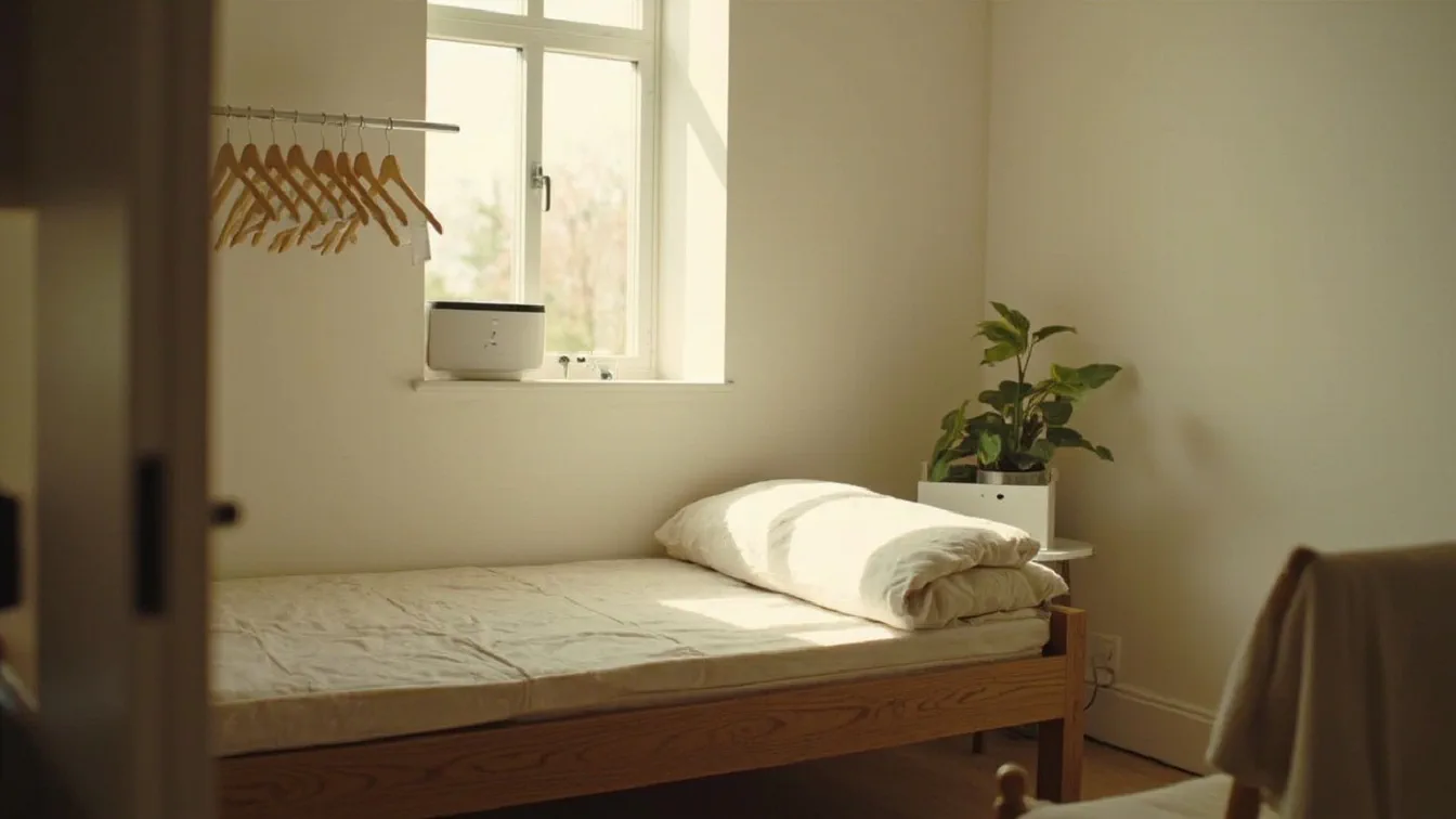 A bright dorm room in soft morning light with a Bedsure oatmeal duvet on a twin XL bed raised on FASONLA solid oak risers, an IRIS USA underbed storage bin visible below, a LAOPAO wireless-charging desk lamp on a small desk with a Lamicall laptop stand, a Yogasleep Dohm white noise machine on the nightstand, a PuroAir HEPA purifier in the corner, and a Lefant M210 Pro robot vacuum under the desk.