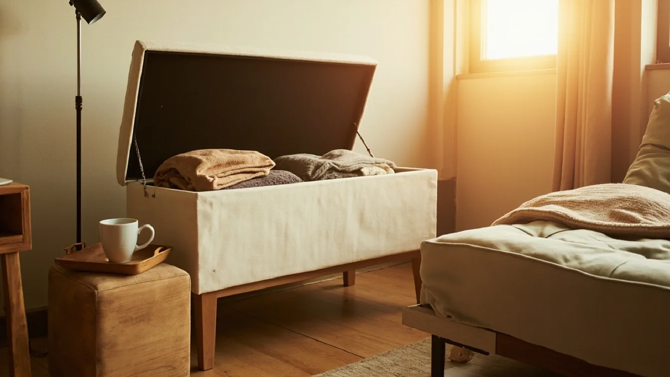 A small studio apartment at warm late-afternoon light with a 43-inch folding storage bench in cream linen against a neutral wall, lid lifted showing folded throw blankets inside, a smaller 30-inch ottoman with wooden legs beside it holding a wooden tray with a ceramic mug, a low walnut cube ottoman at the foot of a low futon.