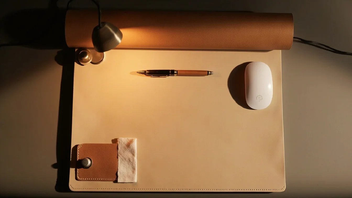 An overhead flat-lay of a soft PU leather desk pad centered on a generic hotel desk surface, unrolled fully with subtle natural grain visible under warm desk lamp light, with a wireless mouse, a capped fountain pen, and a single business card for scale.