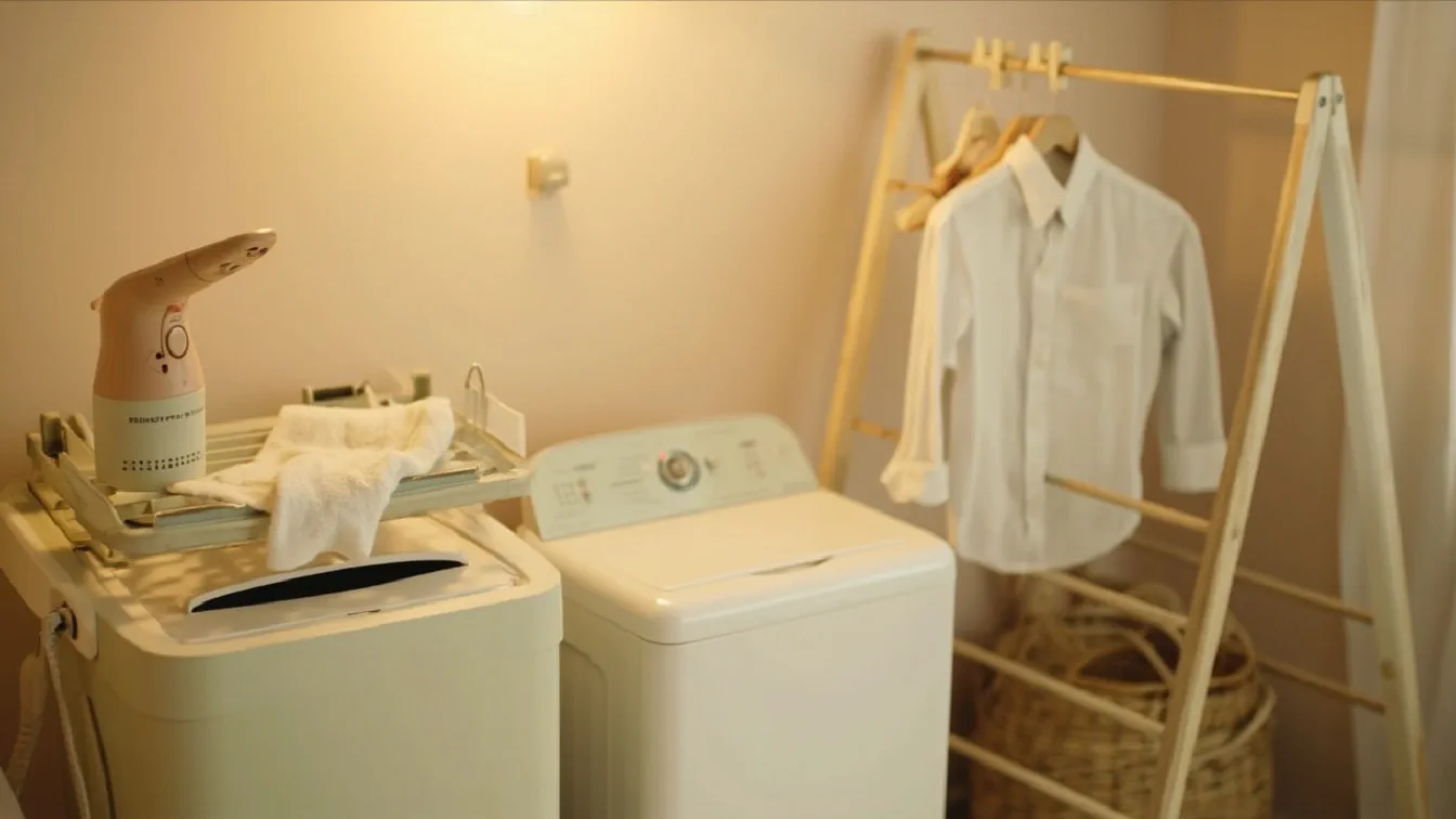 A small apartment laundry nook at soft morning light with a collapsible 2-in-1 handheld steamer on a folding countertop drying rack, a portable mini top-loading washing machine with a small white towel over the lid, a tripod drying rack with three wooden clothespins holding a linen shirt, a small woven laundry basket on the floor.