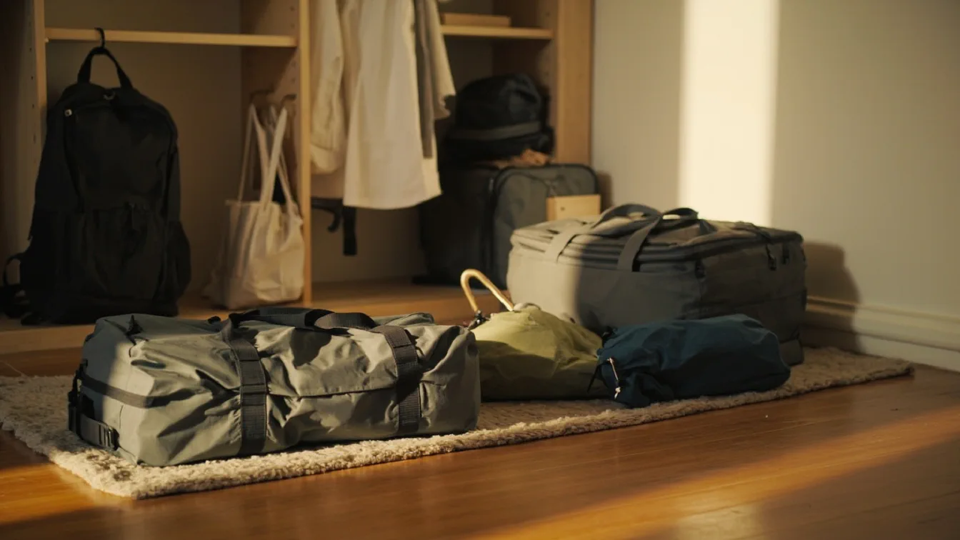 A small apartment bedroom with an open closet showing a Hanke foldable rolling duffel collapsed into its storage pouch, an Eddie Bauer Stowaway backpack folded into its pocket on a shelf, and a GOX packable tote hanging on a hook, with a bed and window in the background.
