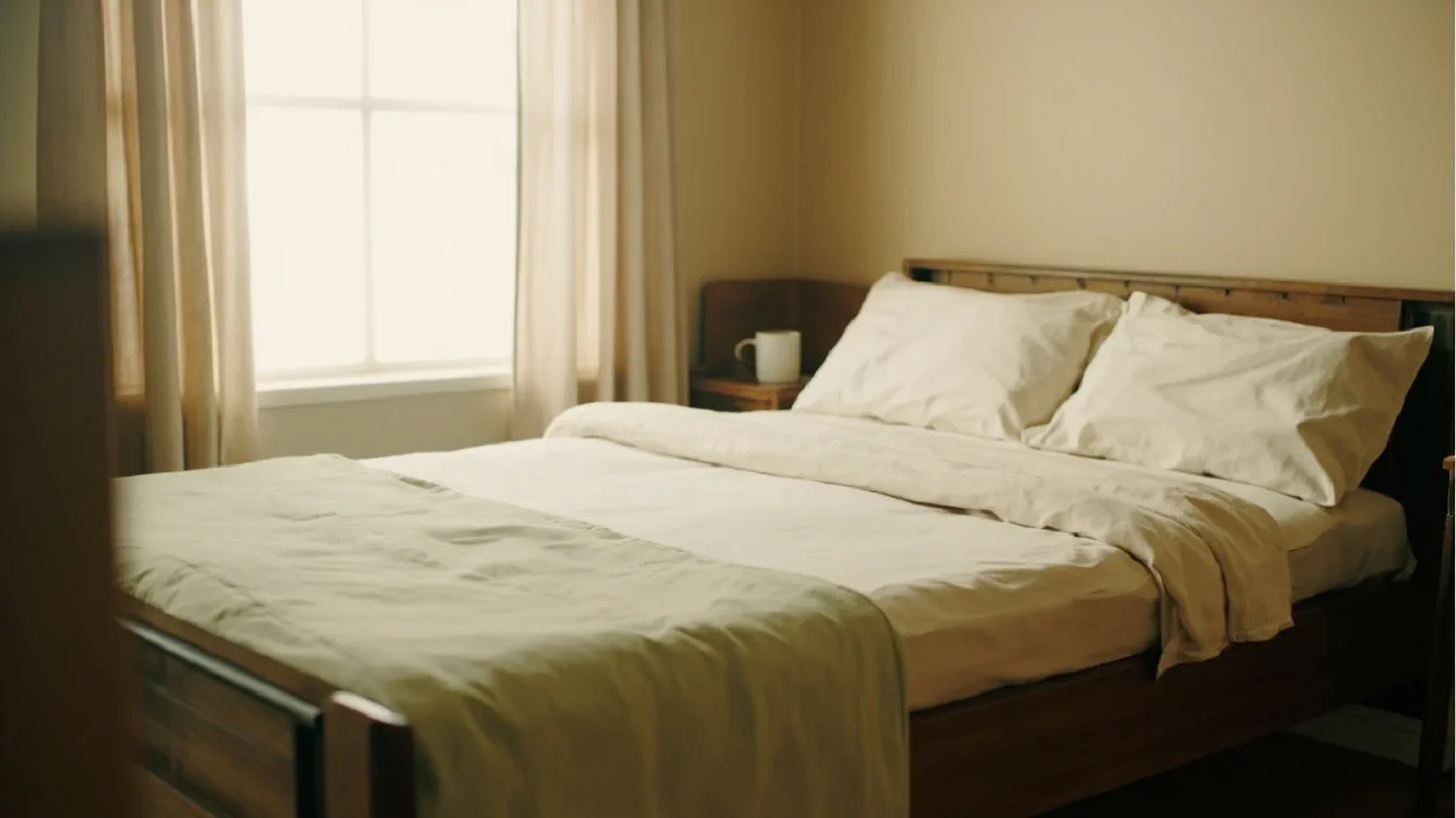 A twin XL dorm bed made with a Bedsure quilted mattress pad, an oatmeal washed cotton duvet cover draped over a white duvet insert, and a pair of beige Bedsure satin pillowcases with hidden zippers at the head of the bed, in a bright dorm room with a window and small desk in the background.