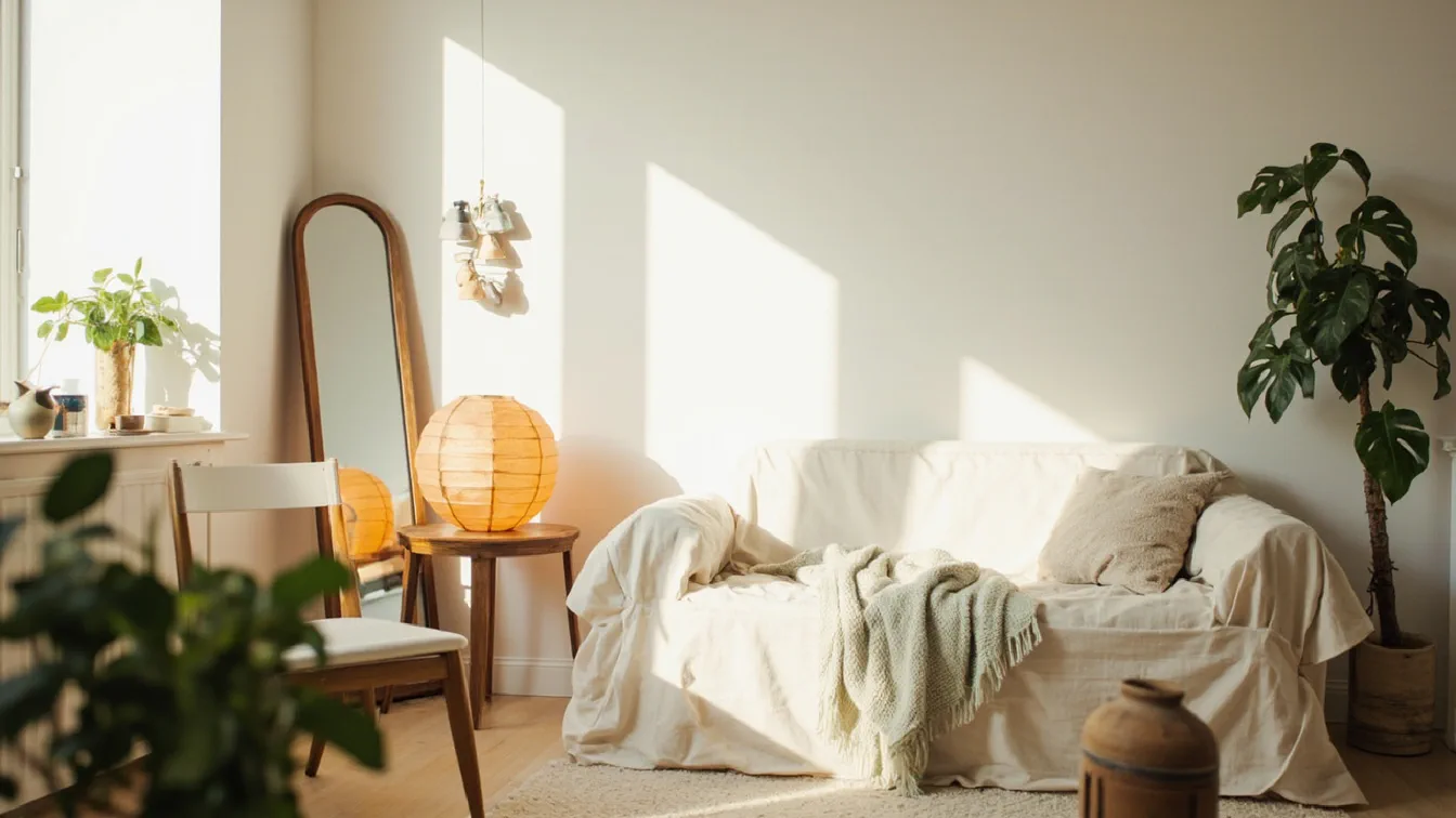 A bright 450 sq ft studio apartment corner with a DUMOS arched gold floor mirror leaning against a cream wall, a MIULEE beige boucle pillow on a small linen loveseat wearing a SureFit cotton duck slipcover, a small Linpla plant stand holding a monstera, an InnoGear ceramic diffuser on a side table, and a Pakorque paper lantern floor lamp casting warm light from the corner.