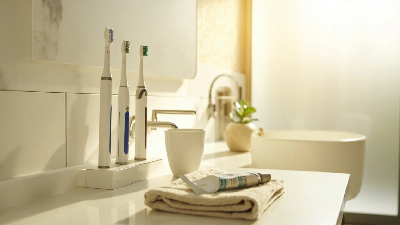 A small apartment bathroom counter at soft morning light with three electric toothbrushes lined up on a marble-look quartz counter beside a white ceramic tumbler, a tube of toothpaste laid flat, a small folded linen hand towel, a chrome single-handle faucet in the background, a frosted window letting in soft morning light.