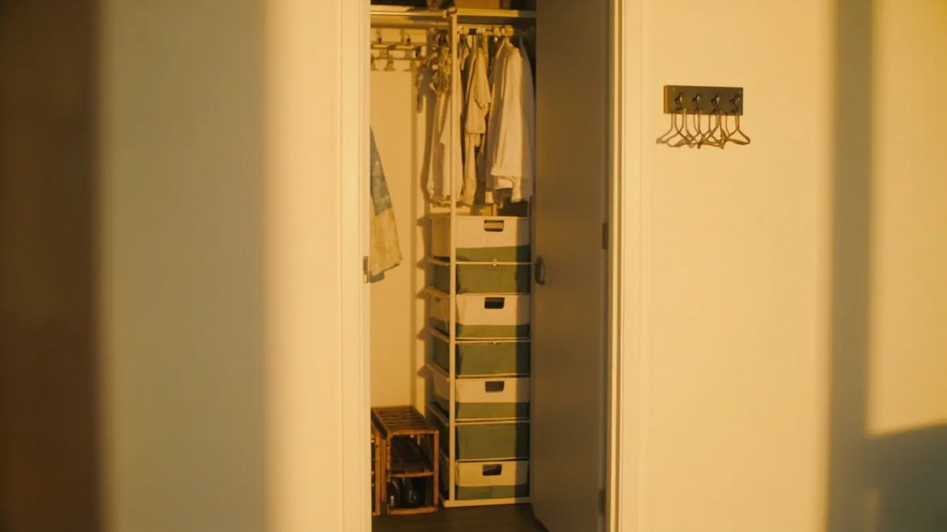 A cramped rental bedroom closet with an Amazon Basics freestanding steel-frame organizer holding folded jeans and hoodies on four shelves with a hanging rod for shirts, a set of SNSLXH white stackable baskets on an upper shelf sorting accessories, and a SONGMICS bamboo shoe rack bench at the foot of a bed holding sneakers and doubling as a seat — no wall anchors, no drill holes.