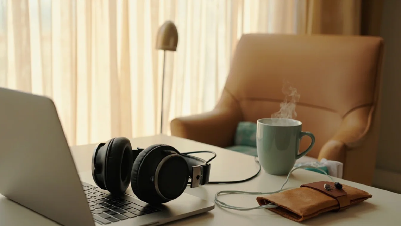 A flat-lay on a hotel desk in the early morning — a pair of black over-ear ANC headphones folded next to a coffee cup, a small true-wireless earbud case, a passport, and a boarding pass, with a window showing an airport tarmac in the soft background.