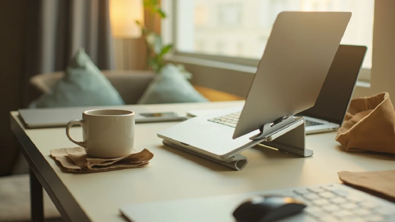 A hotel room desk in the late afternoon with a Roost V3 laptop stand folded open holding a 14-inch laptop, a Therm-a-Rest lumbar travel pillow propped on the desk chair, and a Logitech MX Anywhere 3S mouse beside the laptop, with a carry-on suitcase in the background and a closed notebook.