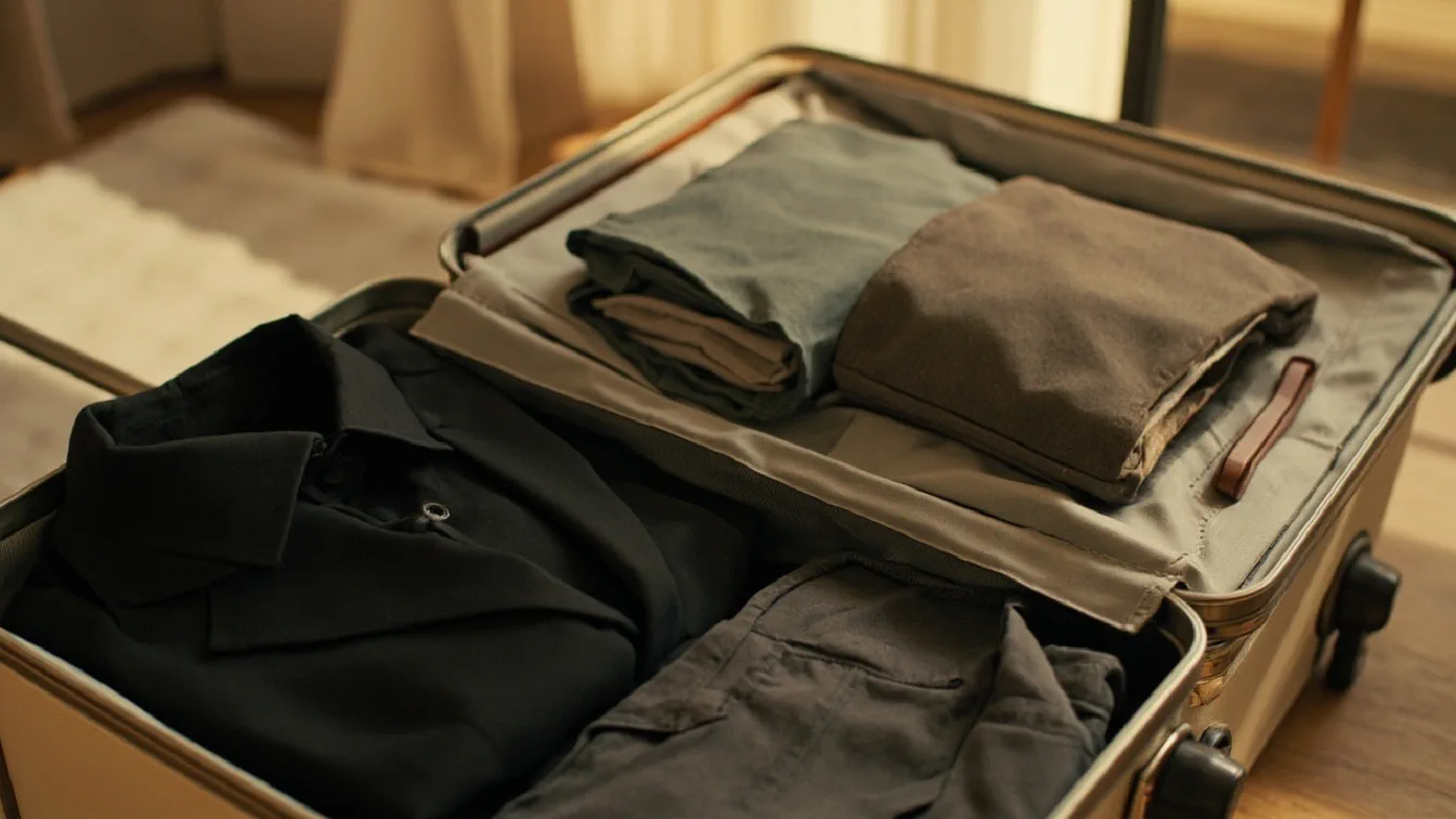 A flat-lay on a hotel desk showing a folded wrinkle-free merino shirt next to a black hanging garment bag, a small set of compression packing cubes, a pair of foldable leather loafers, and a passport with a boarding pass, soft window light from the side.