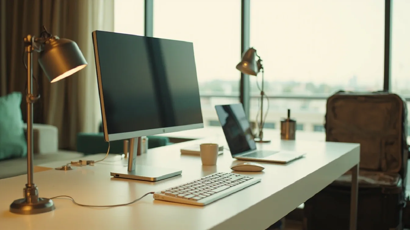 A hotel desk in the morning with an ARZOPA A1 portable monitor connected via USB-C to a laptop showing a split-screen setup, a pair of Soundcore Q20i ANC headphones folded on the desk beside a notebook, and an iClever BK09 foldable keyboard with a coffee cup in the background and hotel window showing a city skyline.
