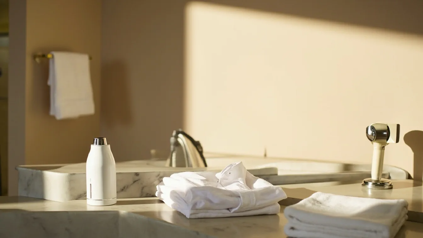 A hotel room desk with a Newbealer travel steamer in gold with its travel pouch, a Brentwood collapsible kettle folded beside a coffee mug, and a Wacaco Minipresso GR espresso maker with a freshly pulled shot of espresso, with a hotel bed and window in the background.