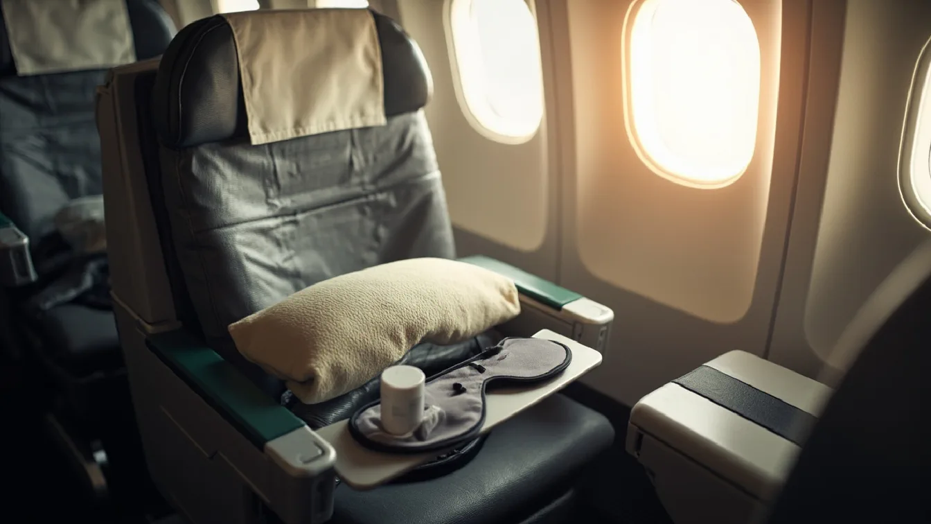 A business traveler seated in a hotel room chair wearing a Cabeau Evolution S3 memory foam neck pillow and Manta sleep mask, with SB SOX compression socks visible on their feet, a laptop bag on the bed in the background, and a tray table with a water bottle and tablet.