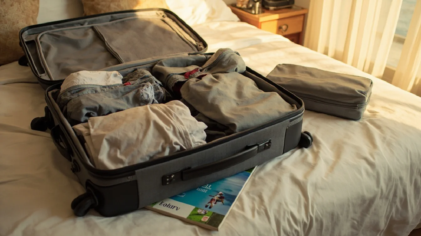 A hotel room bed with an open carry-on suitcase showing BAGSMART compression packing cubes neatly stacked on one side, a Thule Garment Folder holding dress shirts on the other, and a tomtoc electronics organizer sitting on the nightstand with cables visible, with a blazer hanging in the background.