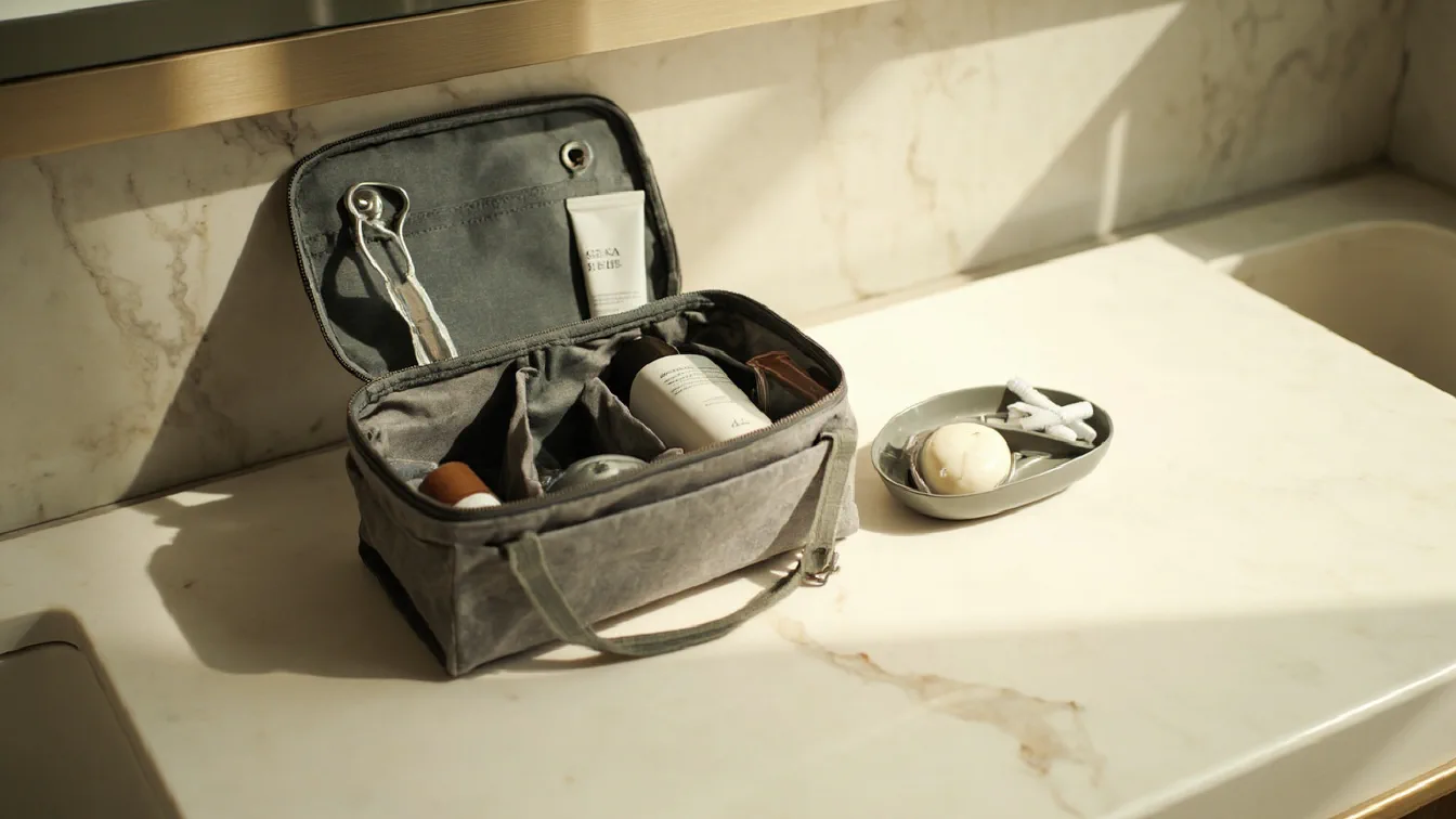 A business traveler's hotel desk with an open carry-on next to it — a BAGSMART puffy black toiletry bag unzipped on the bathroom counter showing organized bottles and tubes, a Lenovo USB-C hub connected to a laptop with HDMI cable running to the hotel TV, and a SmartTravel inflatable lumbar pillow resting against the hotel desk chair — all fitting within a single underseat personal item.