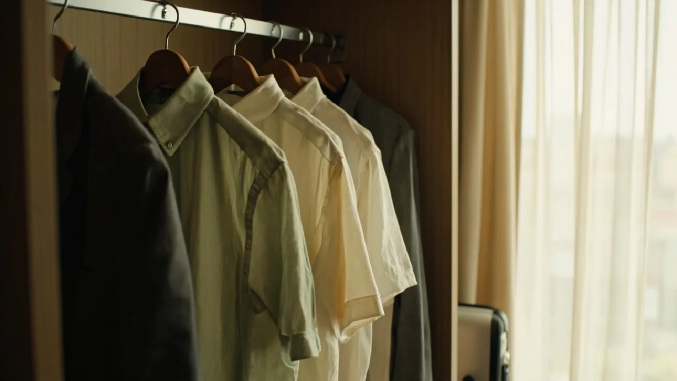 Three linen-cotton blend short-sleeve shirts hanging on identical slim velvet hangers in a hotel room closet at midday, the leftmost in soft sage green, the middle in warm off-white, the right in slate gray, all wrinkle-free, a structured cotton-blend blazer in slate gray beside them, a slim carry-on visible in the background.