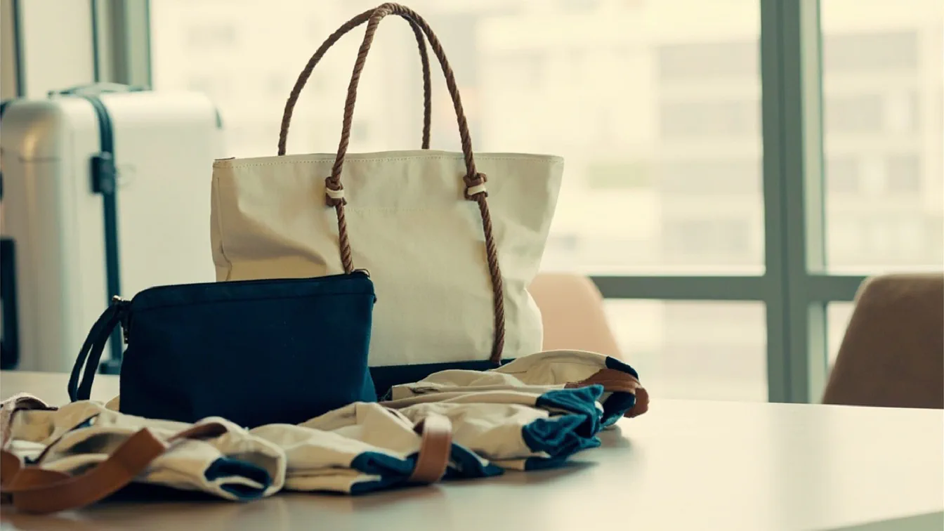 A generic hotel room desk in soft morning light, a slim navy toiletry pouch standing upright beside a cream canvas tote with top zipper and rope straps, a neat stack of twelve smaller cream-and-navy canvas tote bags fanned out at the base, and a slim silver carry-on suitcase in the soft-focus background.