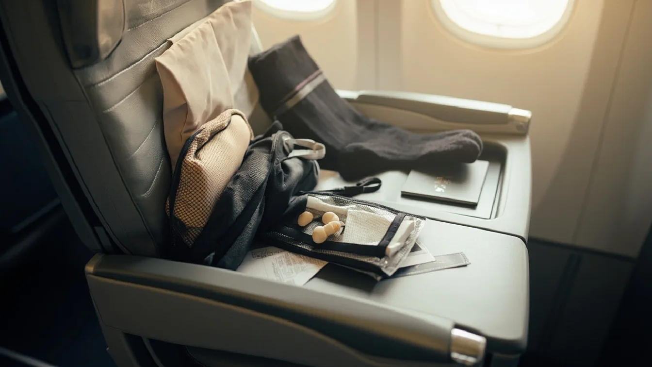 An airline tray table at midday in soft window light, a memory foam neck pillow resting beside a 3D eye mask and a pair of foam earplugs, a second contoured 360-degree neck pillow wrapped in its own mesh pouch behind them, and a pair of dark graduated compression socks folded neatly on the right, with a slim boarding pass just out of focus on the far edge.