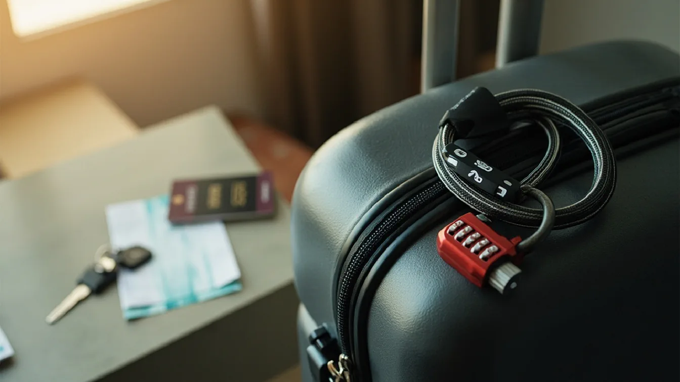 A hotel room desk in late afternoon light, a single black-and-red alloy-bodied TSA cable lock with a tightly braided steel cable looped through the dual zippers of a slim charcoal carry-on suitcase on the right, a second 4-digit combination cable lock with white-on-black dials resting on a hotel key card beside it, and two flat lifetime card keys laid on the desk on the left.