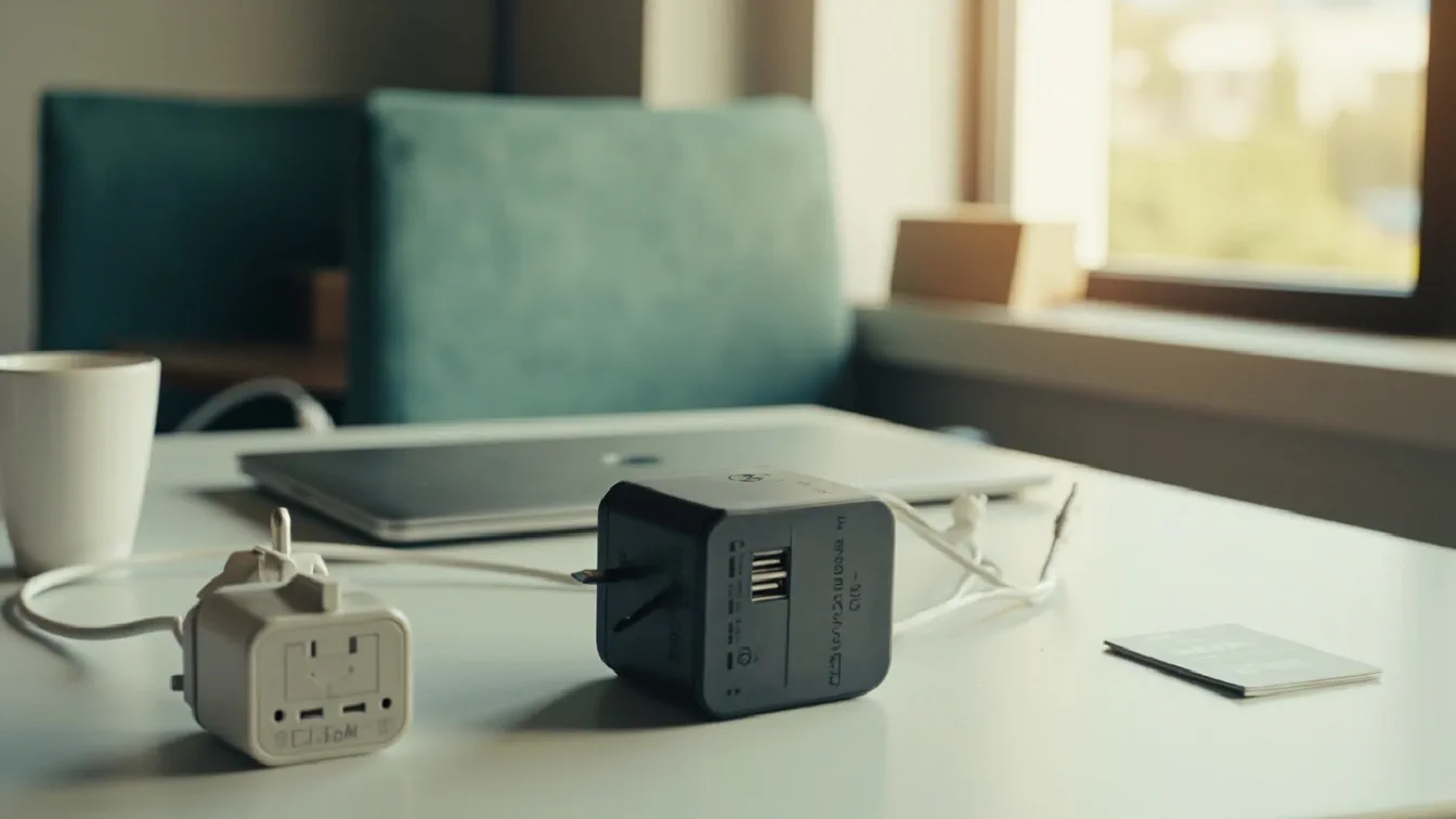 A hotel room desk in midday window light, a compact matte black universal travel adapter with three USB-C ports and two USB-A ports sitting upright in the foreground, a second 6-in-1 travel adapter with prongs fanned out beside it, a small 45W white EU-plug adapter resting in front, and a slim silver laptop just out of focus in the background.
