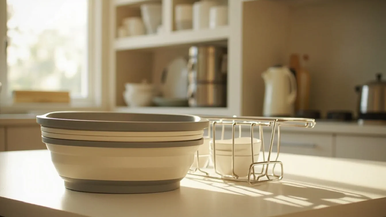 A cramped 200 sq ft studio apartment kitchen counter in soft morning light with a collapsible silicone colander set laid flat beside a roll-up stainless steel dish drying rack over the sink, a 19-piece nonstick cookware set with detachable handles stacked inside one upper cabinet, and a small matte cream electric kettle on the back counter — no drill holes, no wall anchors.