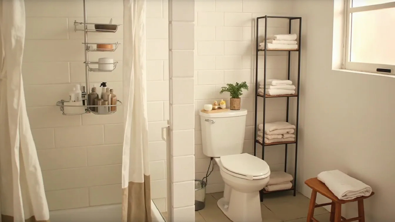A small apartment bathroom shower corner with a 4-tier stainless steel tension pole caddy holding full-size shampoo bottles and body wash, a beige tiled wall behind it, a white shower curtain on a no-drill tension rod to one side — no wall holes, no adhesive hooks, no suction cups.