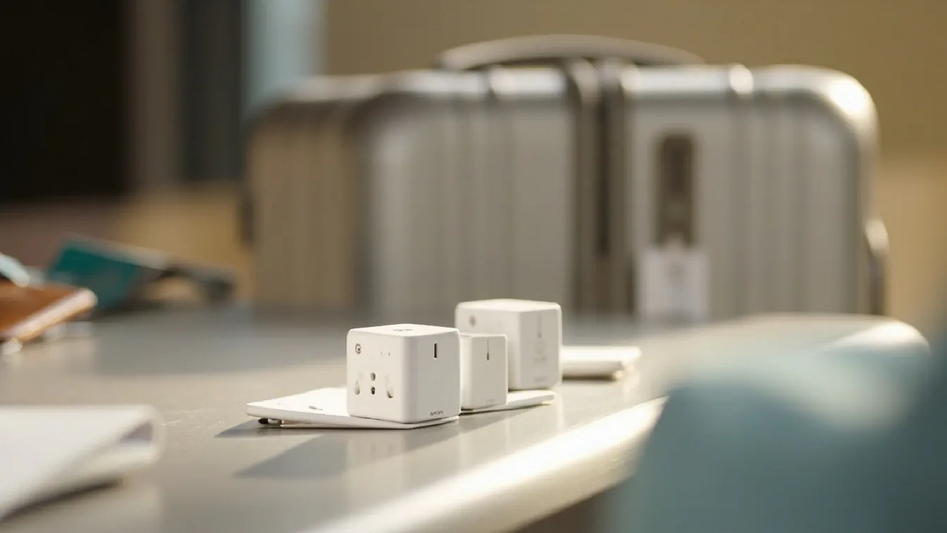 A generic hotel room desk in soft morning light with three small compact white tile-shaped luggage trackers of varying sizes arranged in a row on a brushed metal surface, a slim silver carry-on suitcase with one tracker tucked into a corner pocket in the soft background, and a leather passport wallet and folded boarding pass just out of focus — no subscription, no monthly fees, no specialty app beyond the phone's built-in Find My or SmartThings.