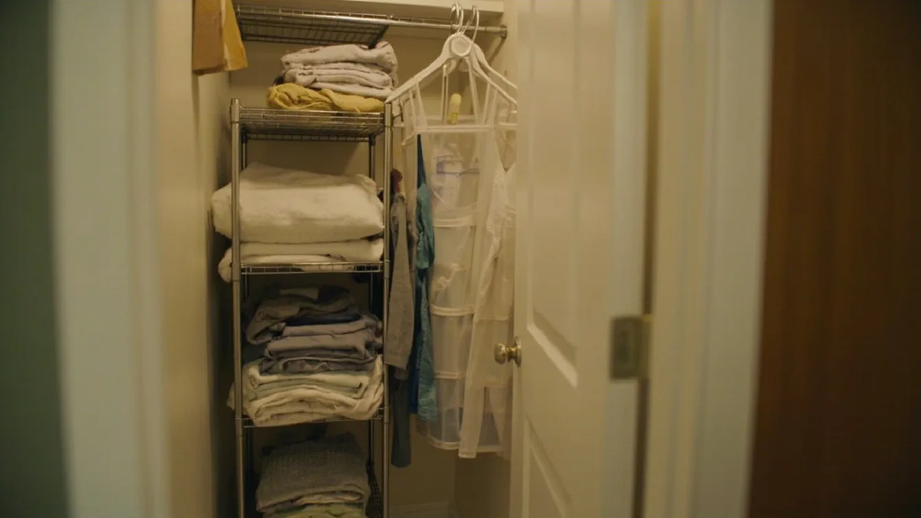 Dorm room closet with Yociyoga 4-Tier stackable shelves neatly holding folded clothes and towels, a TYMENSH over-door organizer on the closet door, and a CLODSPAC tank top hanger on the closet rod