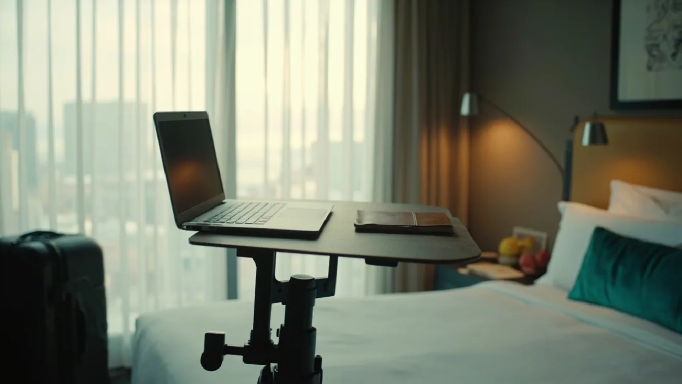 A hotel room with an alawooder mobile standing desk beside a bed, showing the pneumatic height adjustment in use with a laptop and notebook, with rolling wheels visible and a carry-on suitcase in the corner.