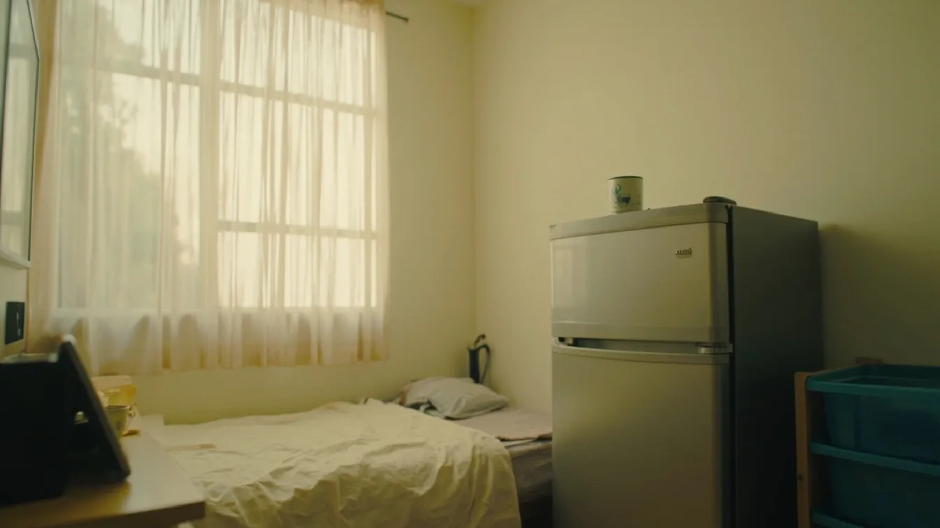 A 300 sq ft studio apartment with a compact mini fridge beside a twin bed, a small desk with a laptop, and stacked storage bins in the corner — soft morning light through a single window, no drill holes visible.